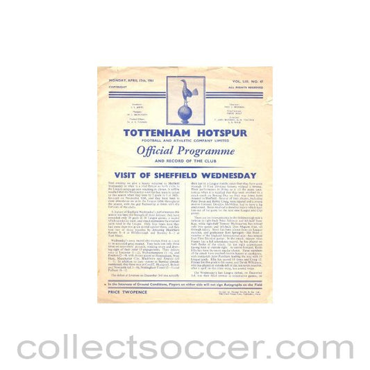 1961 - Tottenham Hotspur v Sheffield Wednesday official programme 17/04/1961 Football League