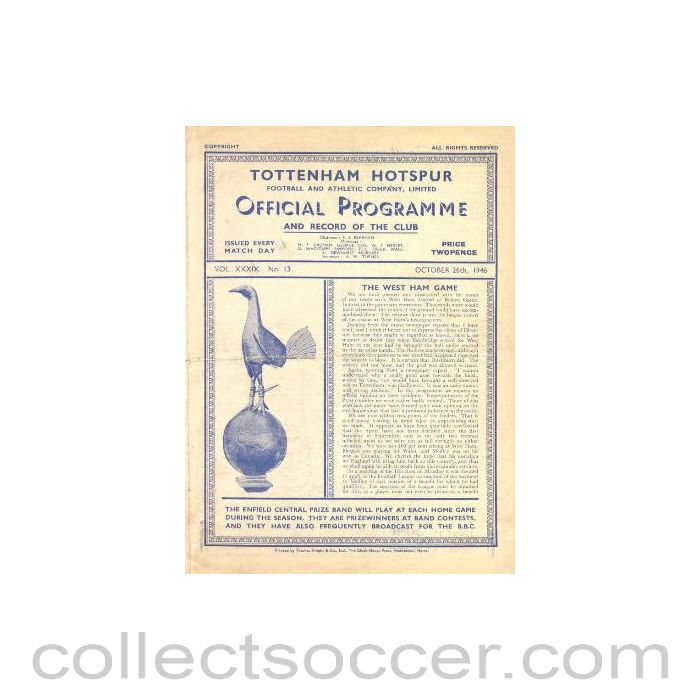 1946 - Tottenham Hotspur v Sheffield Wednesday official programme 26/10/1946