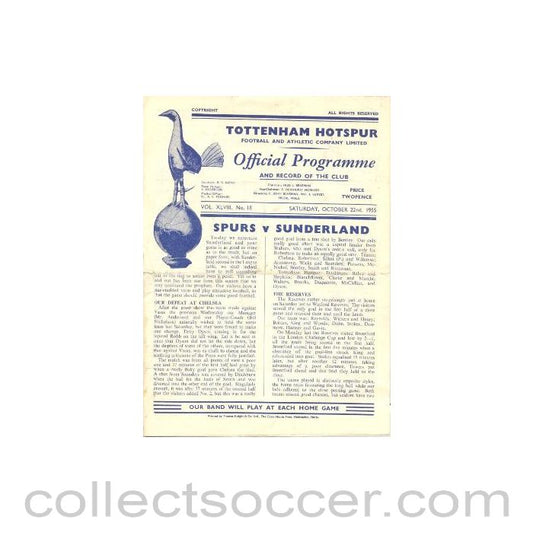 1955 - Tottenham Hotspur v Sunderland official programme 22/10/1955 Football League