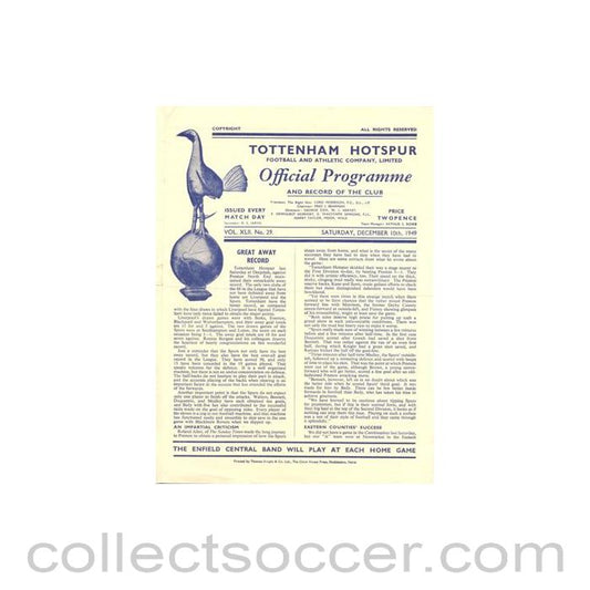 1949 - Tottenham Hotspur v Swansea Town official programme 10/12/1949 Football League