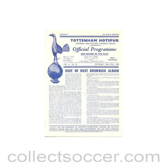 1959 - Tottenham Hotspur v West Bromwich Albion official programme 18/04/1959 Football League
