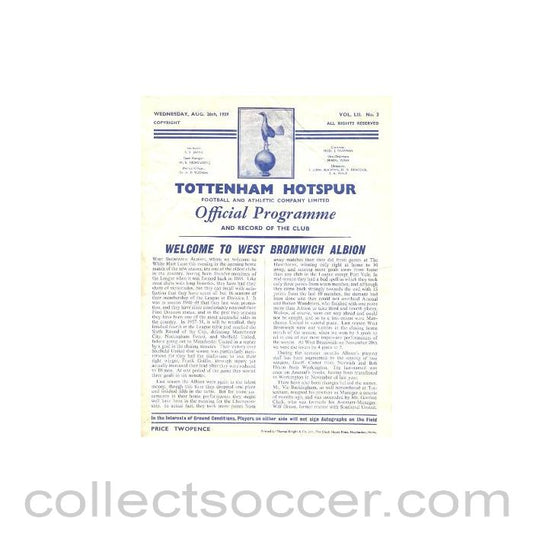 1959 - Tottenham Hotspur v West Bromwich Albion official programme 26/08/1959