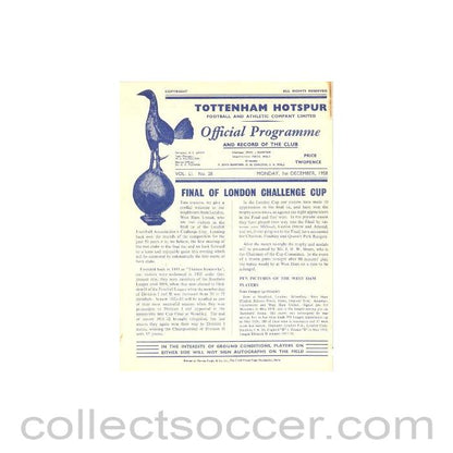 1958 - Tottenham Hotspur v West Ham United official programme 01/12/1958 London Challenge Cup Final