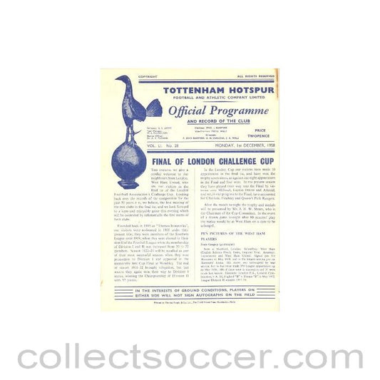 1958 - Tottenham Hotspur v West Ham United official programme 01/12/1958 London Challenge Cup Final