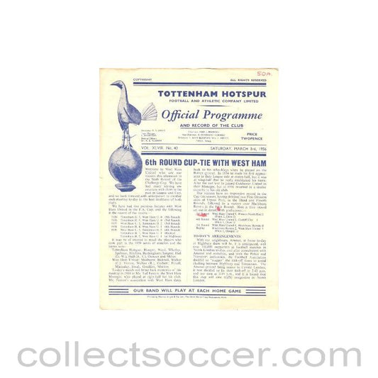 1956 - Tottenham Hotspur v West Ham United official programme 03/03/1956