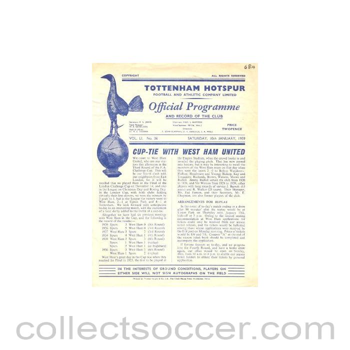1959 - Tottenham Hotspur v West Ham United official programme 10/01/1959