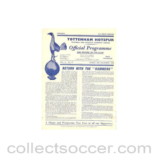 1958 - Tottenham Hotspur v West Ham United official programme 26/12/1958 Football League