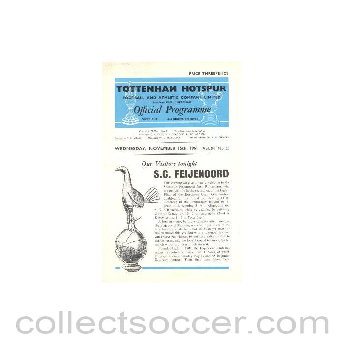 1961 - Tottenham Hotspur v Feyenoord official programme 15/11/1961