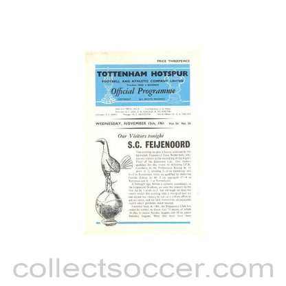 1961 - Tottenham Hotspur v Feyenoord official programme 15/11/1961