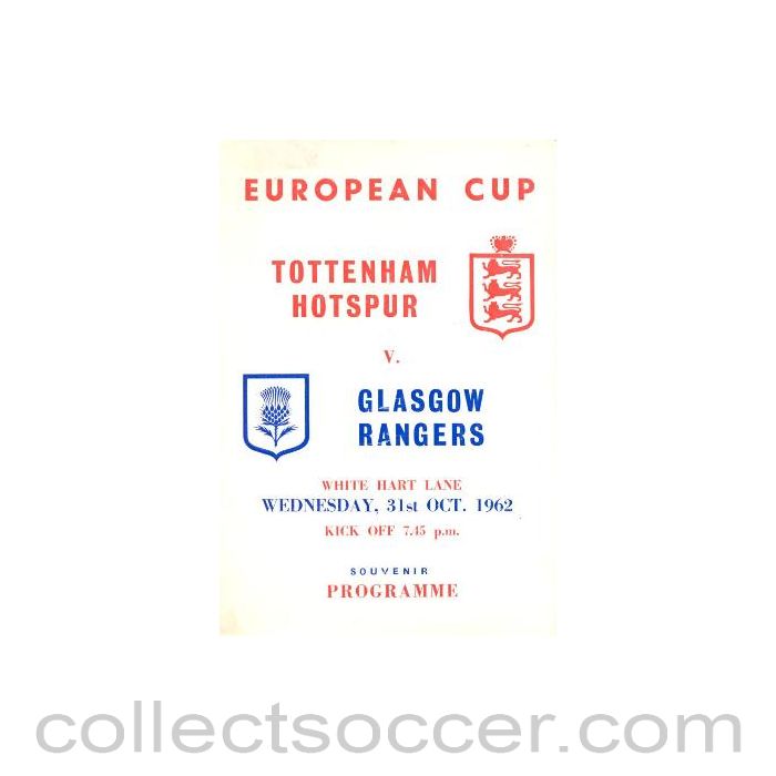 1962 - Tottenham Hotspur v Glasgow Rangers official programme 31/10/1962 European Cup