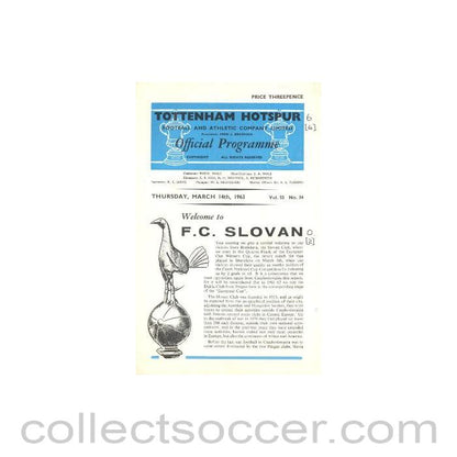 1963 - Tottenham Hotspur v Slovan, Bratislava, Slovakia official programme 14/03/1963