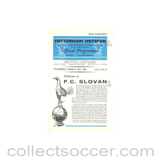 1963 - Tottenham Hotspur v Slovan, Bratislava, Slovakia official programme 14/03/1963