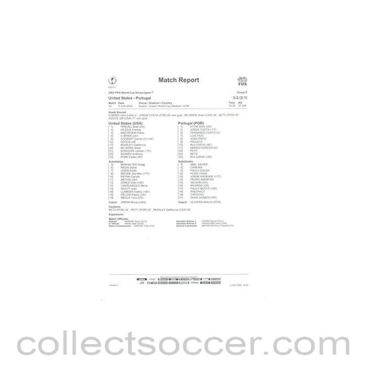 2002 World Cup - USA v Portugal 05/06/2002 Match Report & Game Statistics