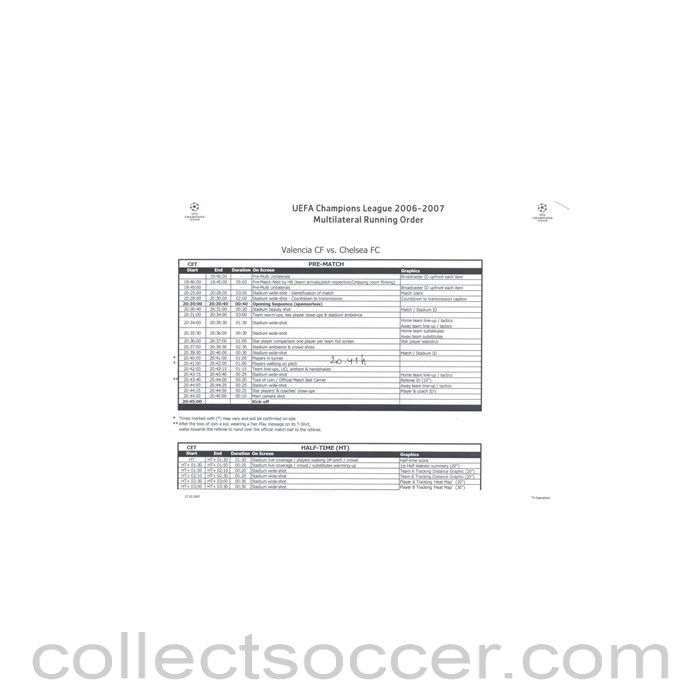 2006 - Valencia v Chelsea UEFA Champions League 2006-2007 Multilateral Running Order 10/04/2007 Champions League