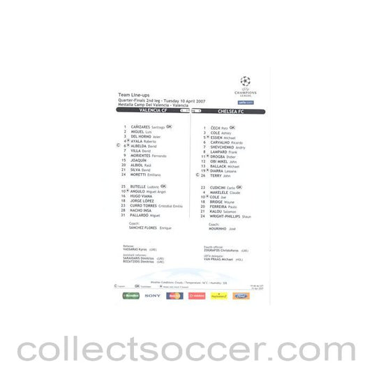 2007 - Valencia v Chelsea official teamsheet 10/04/2007 Champions League