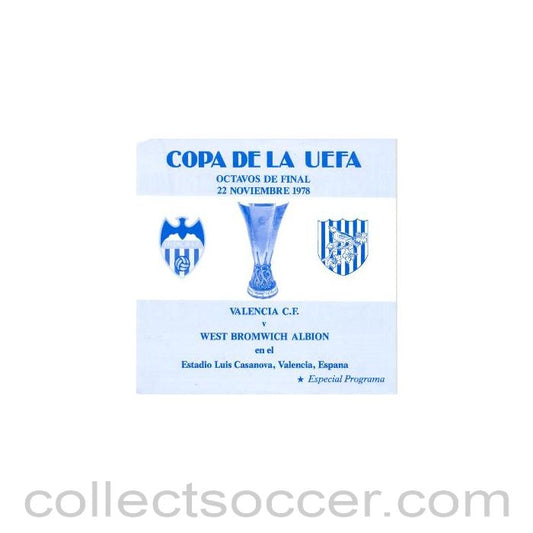1978 - Valencia v West Bromwich Albion official programme 22/11/1978 UEFA Cup