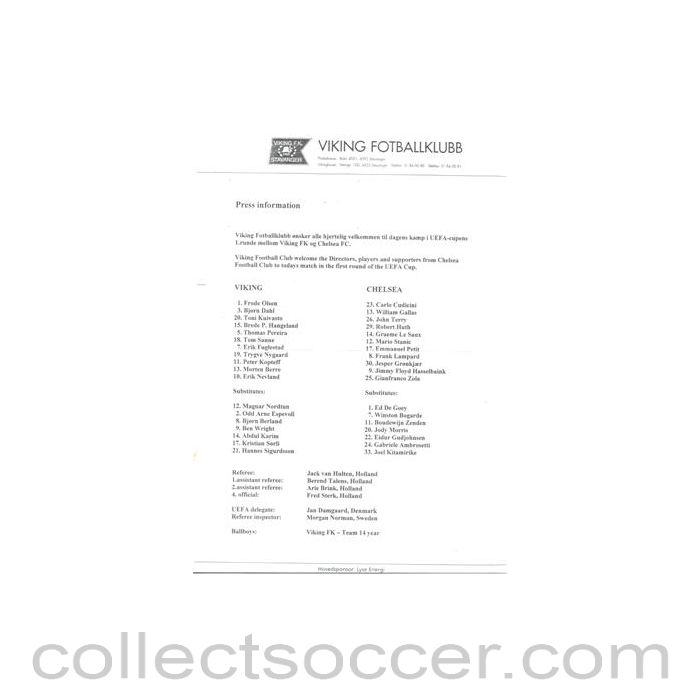 2002 - Viking v Chelsea official teamsheet 03/10/2002 UEFA Cup