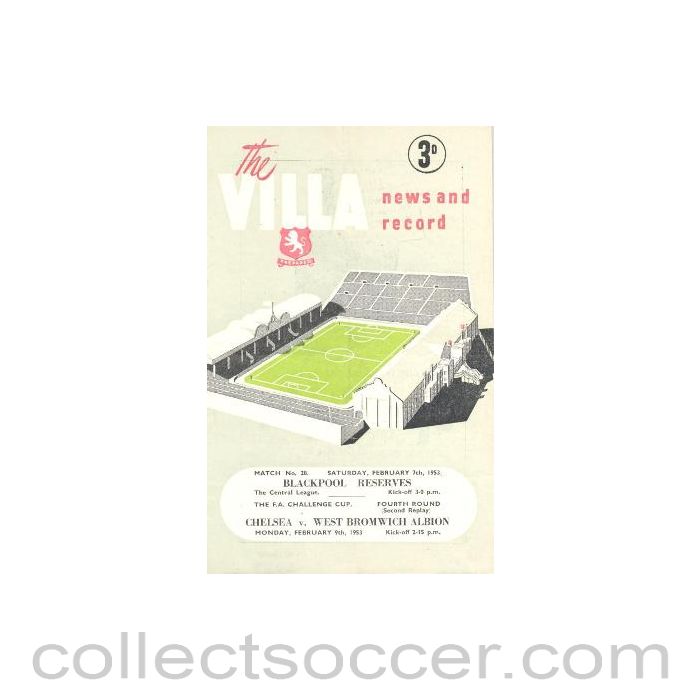 1953 - West Bromwich Albion vChelsea official programme 09/02/1953 F.A. Cup, Replay, at Aston Villa