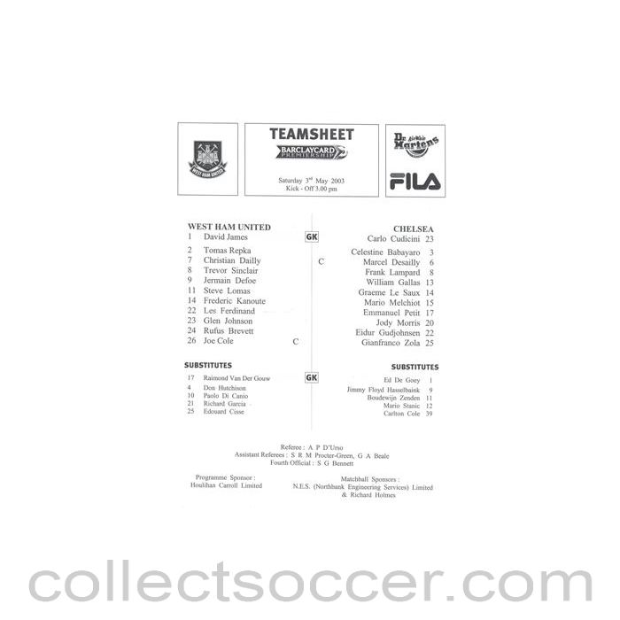 2003 - West Ham United v Chelsea official teamsheet 03/05/2003 Premier League