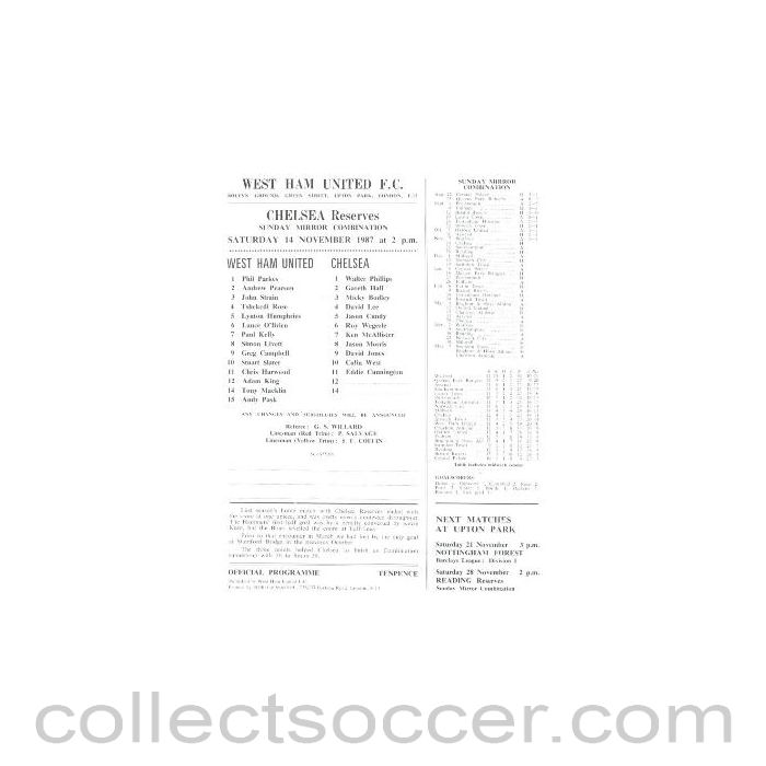 1987 - West Ham United v Chelsea official teamsheet 14/11/1987