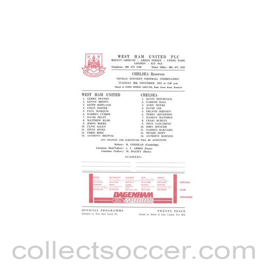1993 - West Ham United v Chelsea Reserves official colour teamsheet 30/11/1993 Football Combination