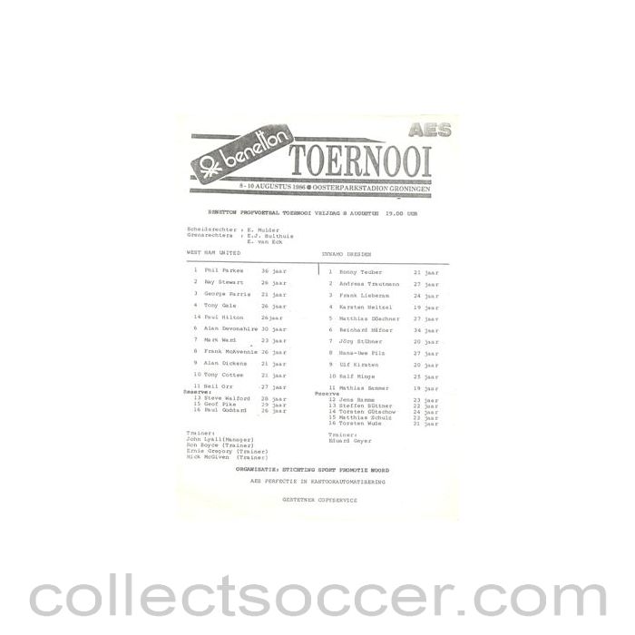 1986 - West Ham United v Dynamo Dresden official teamsheet 08/08/1986 Benetton Tournament