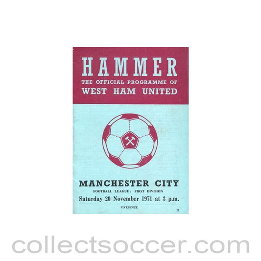 1971 - West Ham United v Manchester City official programme 20/11/1971 Football League