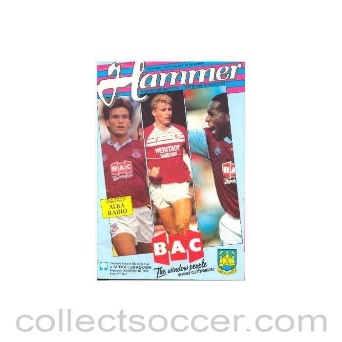 1989 - West Ham United v Middlesbrough official programme 18/11/1989 League