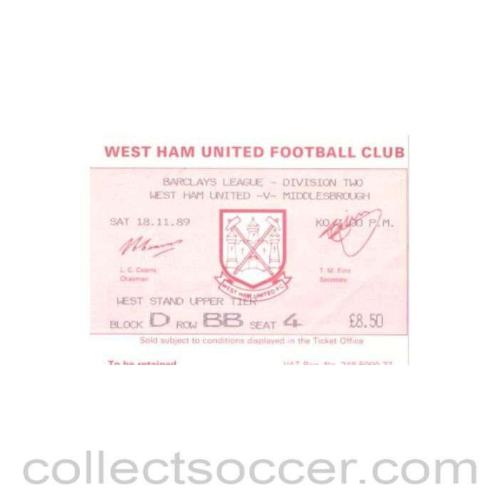 1989 - West Ham United v Middlesbrough ticket 18/11/1989