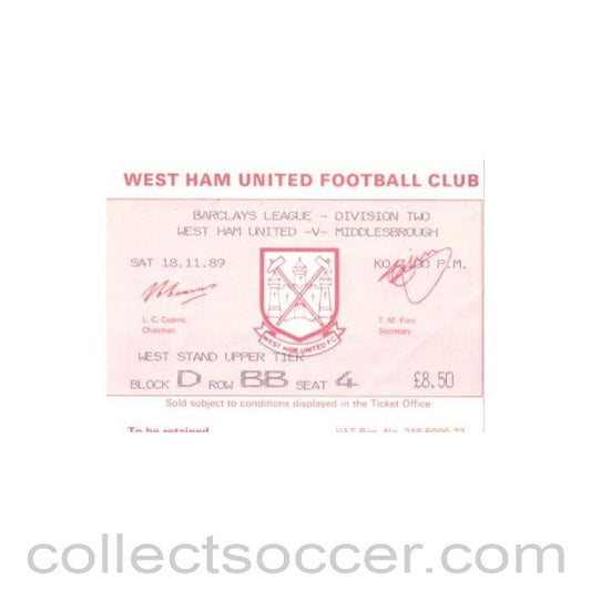 1989 - West Ham United v Middlesbrough ticket 18/11/1989