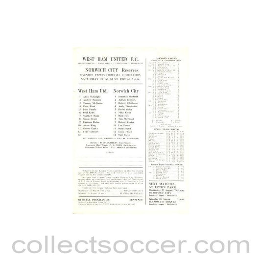 1989 - West Ham United v Norwich City Reserves official programme 19/08/1989 Ovenden Papers Football Combination