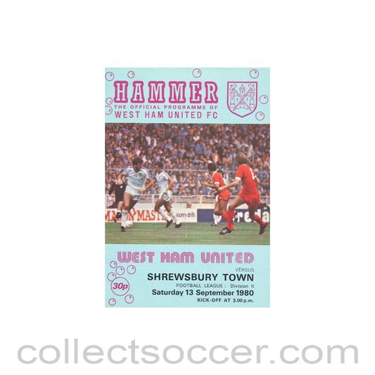 1980 - West Ham United v Shrewsbury Town official programme 13/09/1980 Football League