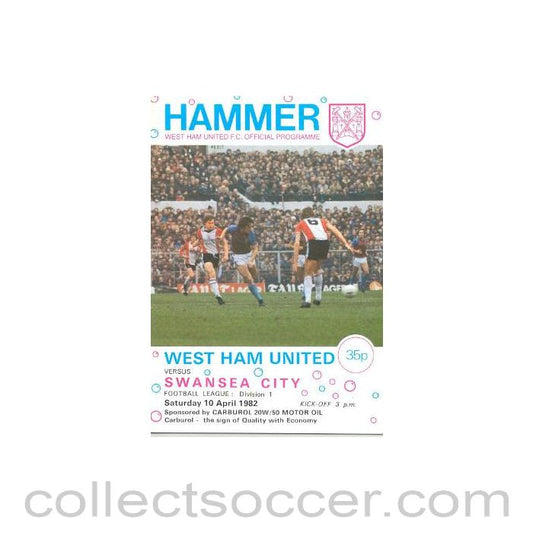 1982 - West Ham United v Swansea City official programme 10/04/1982 Football League