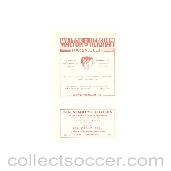 1956 - Walton & Hersham v Wealdstone official programme 01/09/1956
