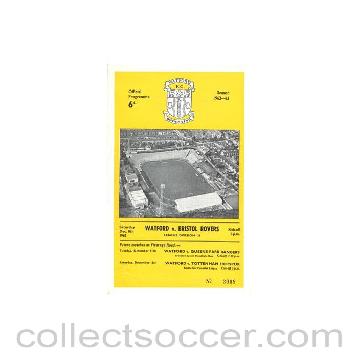 1962 - Watford v Bristol Rovers official programme 08/12/1962 Football League