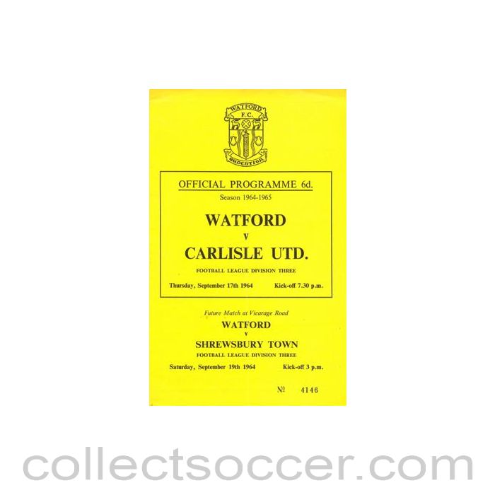 1964 - Watford v Carlisle United official programme 17/09/1964 Football League
