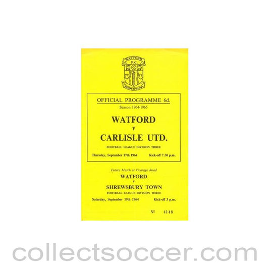 1964 - Watford v Carlisle United official programme 17/09/1964 Football League