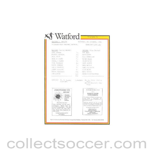 1982 - Watford v Chelsea official teamsheet 02/10/1982