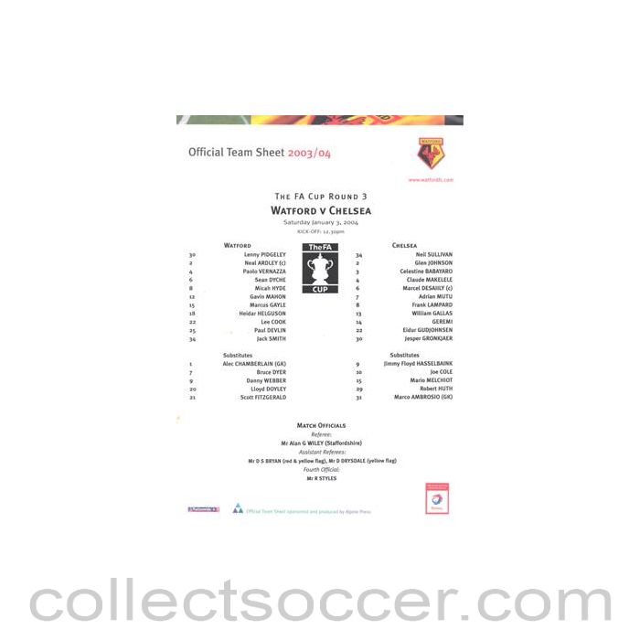 2004 - Watford v Chelsea official teamsheet 03/01/2004 F.A. Cup