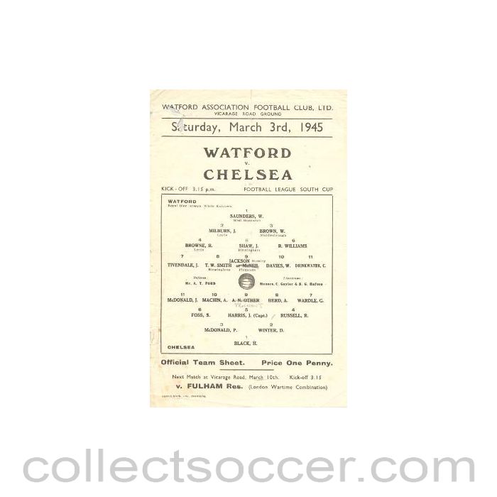 1945 - Watford vChelsea official programme 03/03/1945