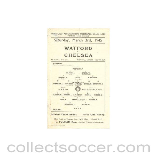 1945 - Watford vChelsea official programme 03/03/1945
