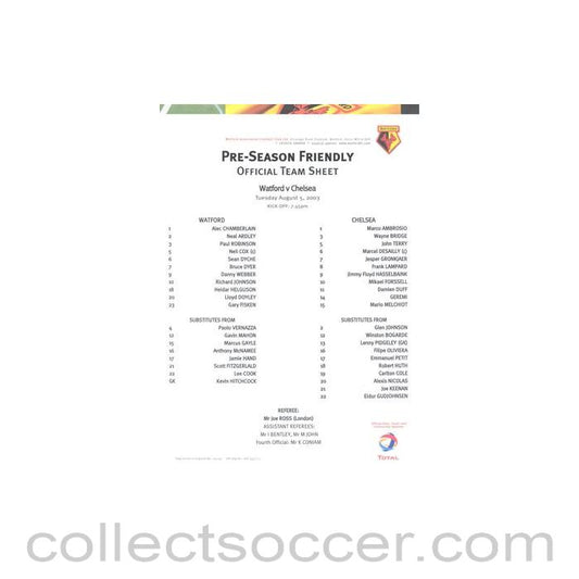 2003 - Watford v Chelsea official colour teamsheet 05/08/2003
