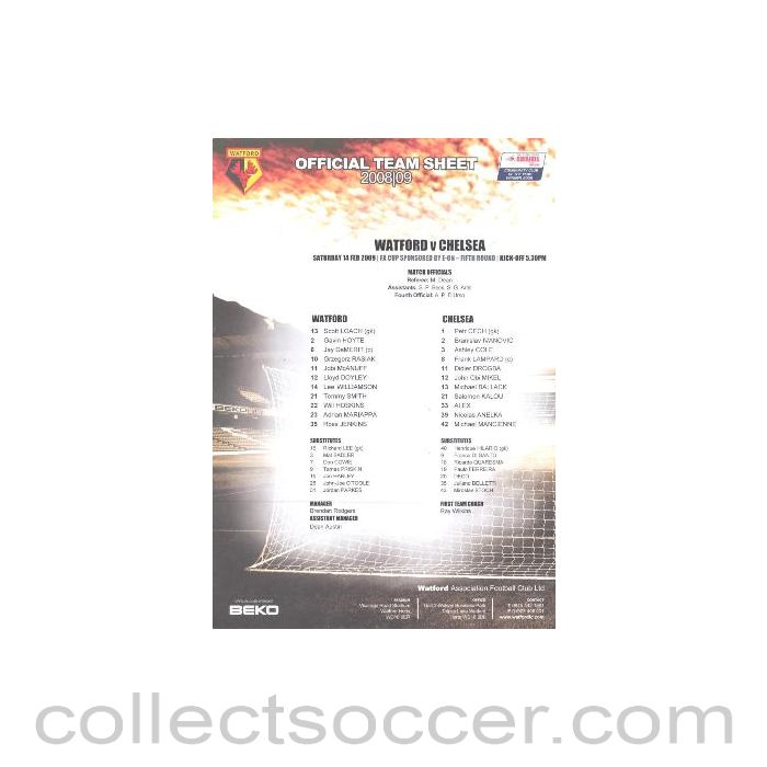 2009 - Watford v Chelsea official colour printed teamsheet14/02/2009