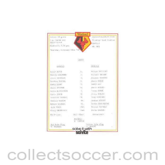 1988 - Watford v Chelsea official teamsheet 18/02/1988