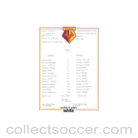 1988 - Watford v Chelsea official teamsheet 18/02/1988