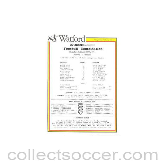 1991 - Watford v Chelsea official teamsheet 28/02/1991