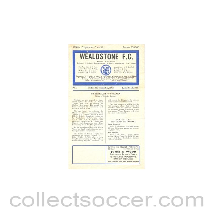 1962 - Wealdstone v Chelsea official programme 04/09/1962