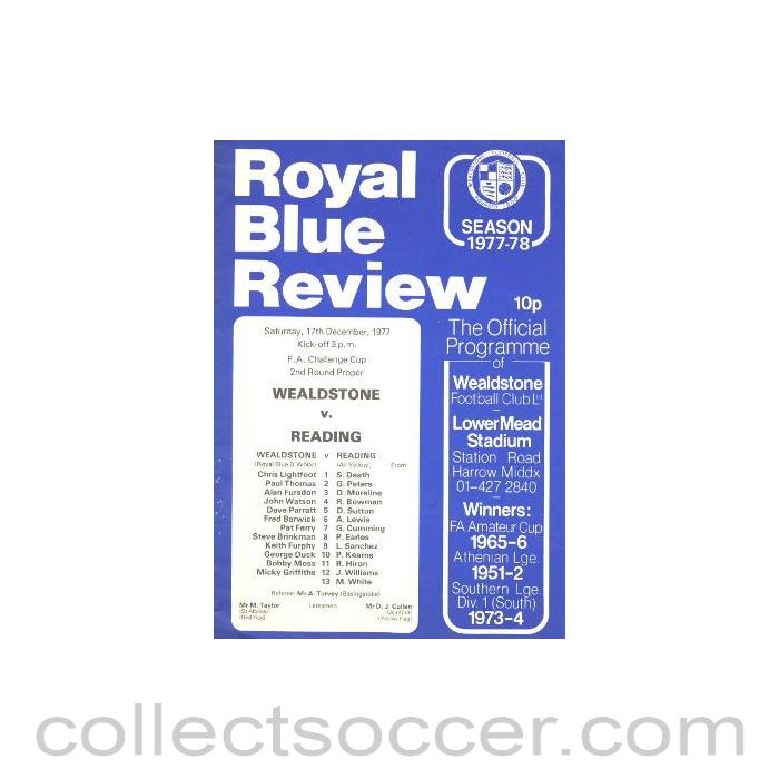 1977 - Wealdstone v Reading official programme 17/12/1977