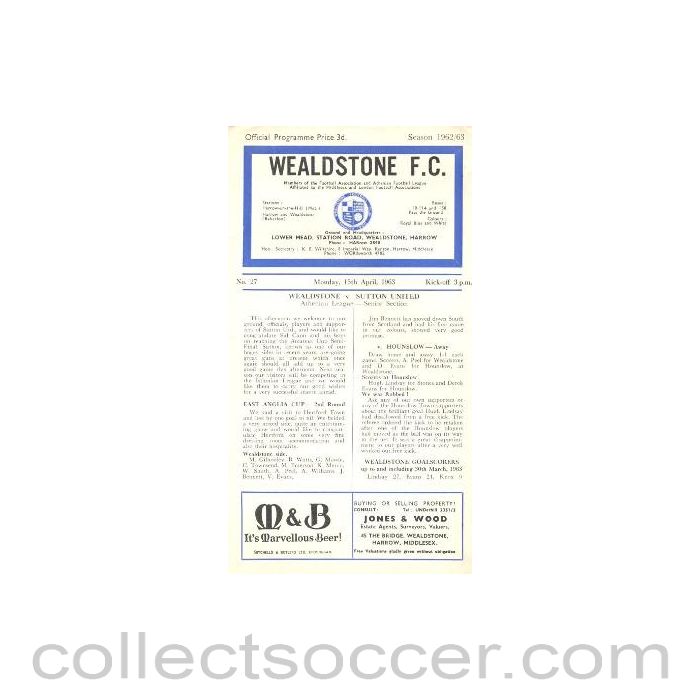 1963 - Wealdstone v Sutton United official programme 15/04/1963