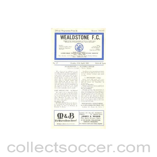 1963 - Wealdstone v Sutton United official programme 15/04/1963